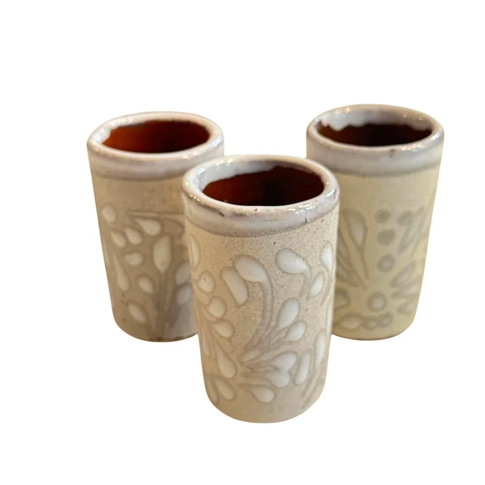 Vtg Mexican Stoneware Shot Glasses Set of 3 Talavera Floral Relief Tequila Cups